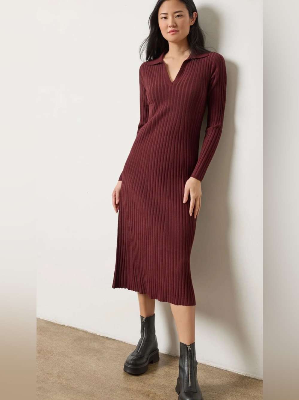 Lilla P Ribbed Polo V-Neck Midi Dress in Wine